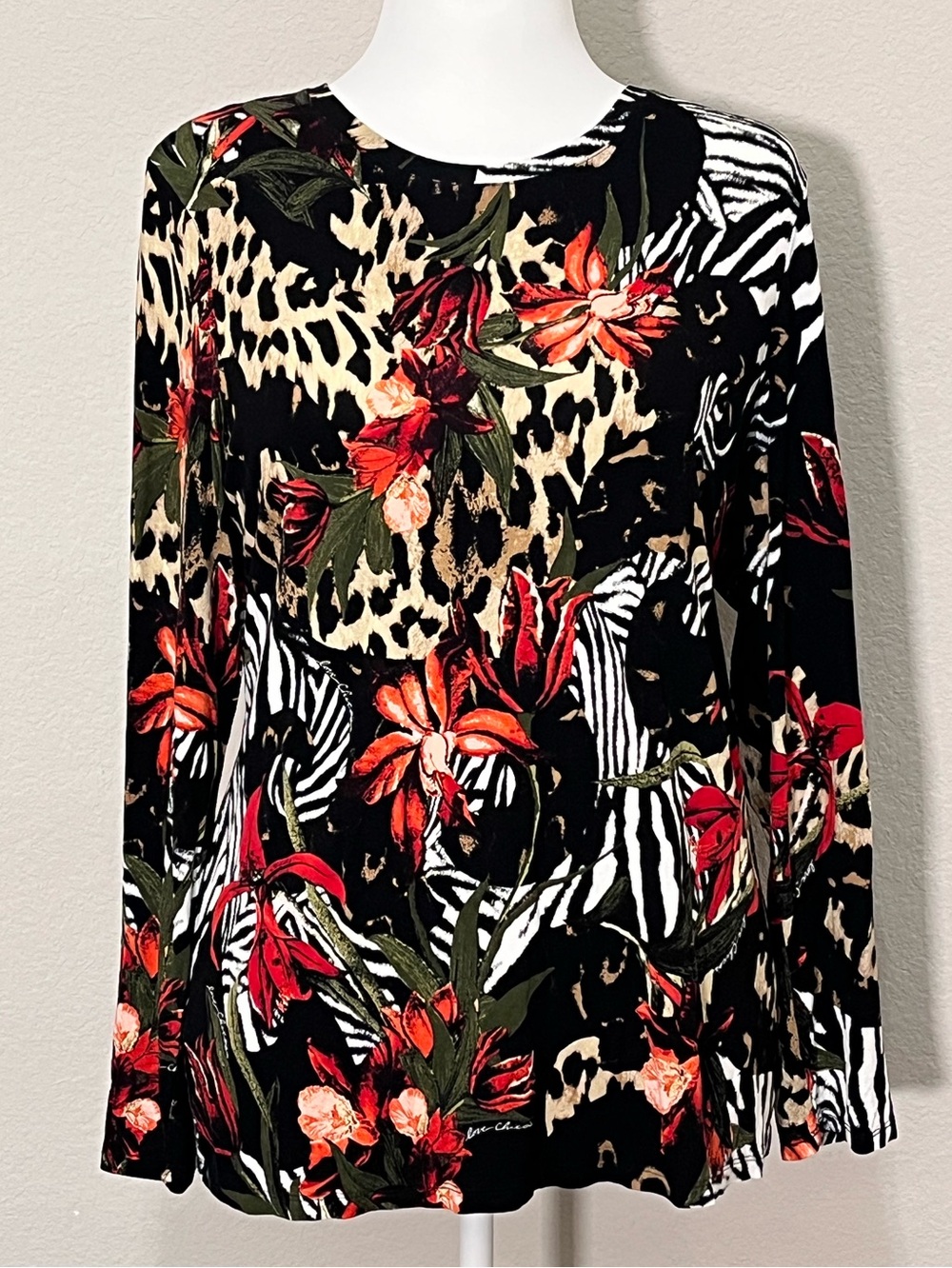 Chico's Touch of Cool Paradise Tropical Animal Print Long Sleeve Top Size XL